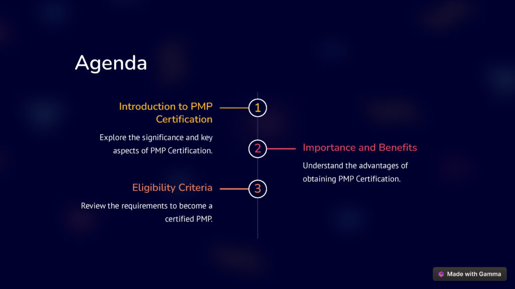 Introduction to PMP Certification
Importance and Benefits
Eligibility Criteria
PMP Exam Structure
Maintenance of Certification
Conclusion
